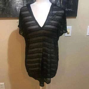 Dream Beach Black Hooded Swim Cover Up Rounded Hem Sheer Chevron Design-M